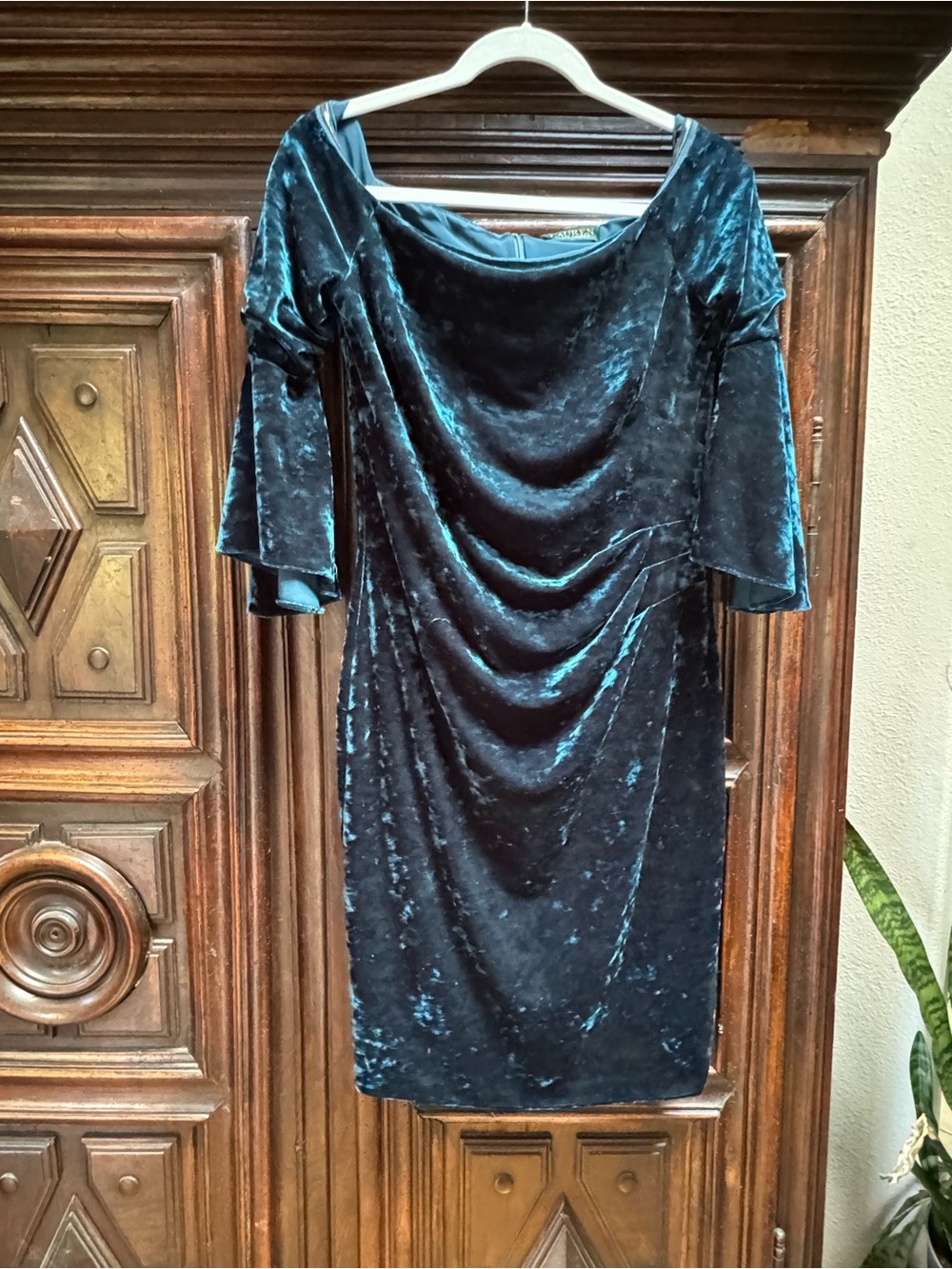 Ralph Lauren Teal Velvet Draped Midi Dress